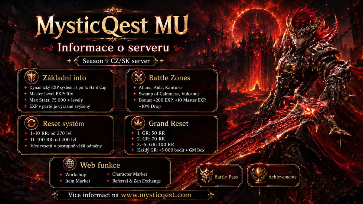 MysticQest MU – informace o serveru: základní info, battle zones, reset systém, grand reset