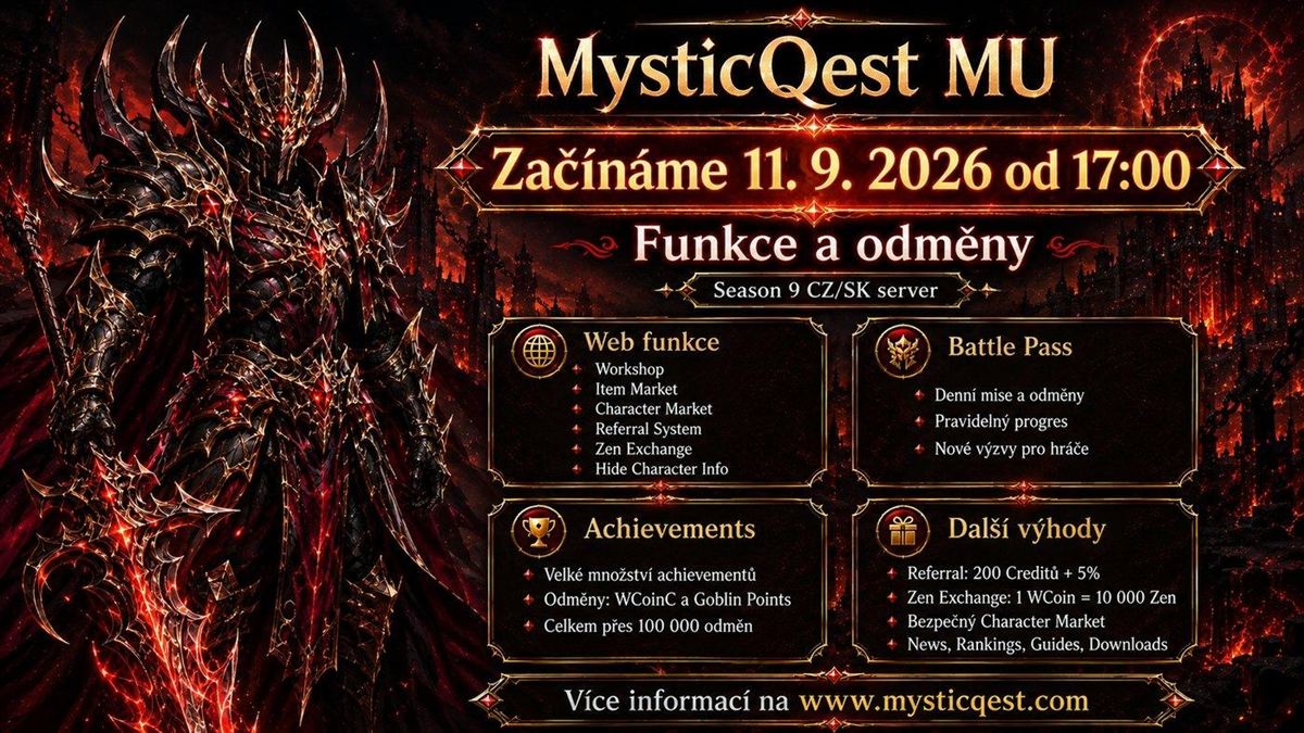 MysticQest MU – funkce a odměny: web funkce, Battle Pass, Achievements, další výhody